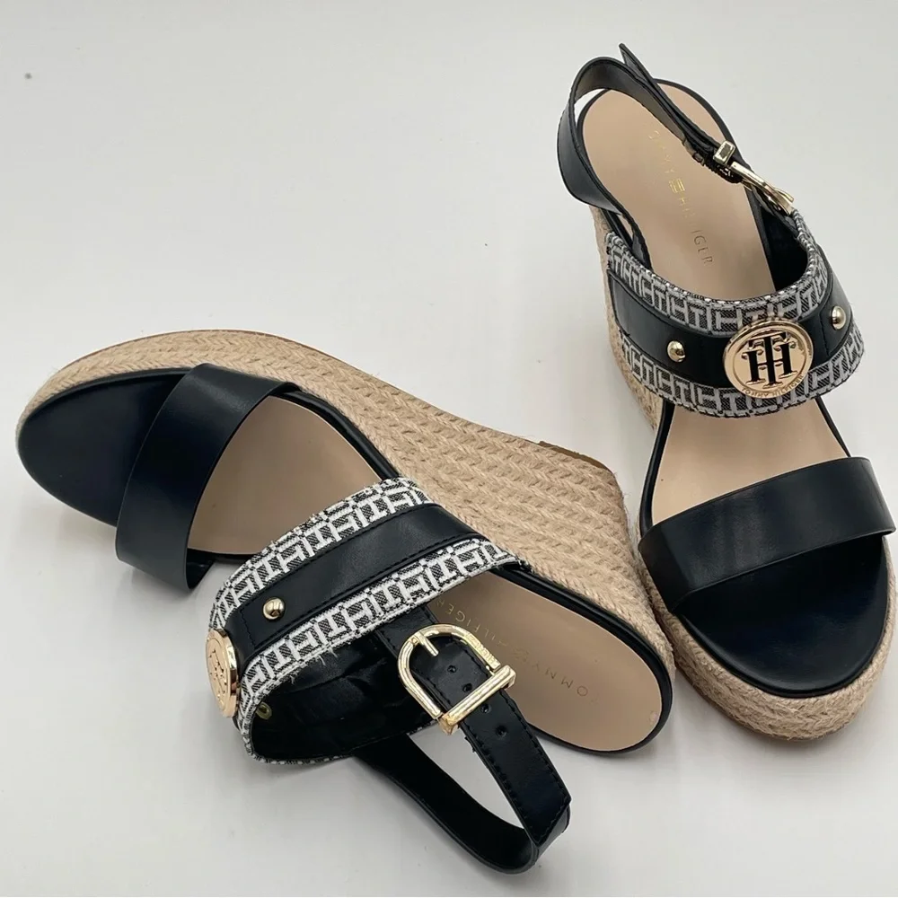 Womens Platform sandals 9.5 Black White wedges Gold Logo Tommy Hilfiger